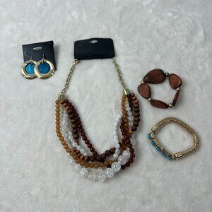 Wood, Glass and Mix Bead 4 Pice Jewelry Set Neckleces, Bracelet, Earring , Ring